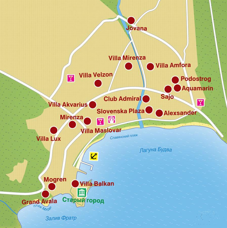 Карта отелей Будвы, Черногория